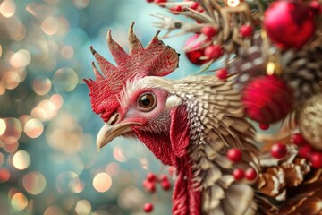 Closeup of a rooster adorned with vibrant christmas ornaments against a bokeh background