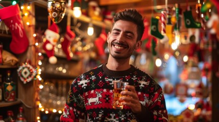 Fototapeta premium Man smiles and raises a glass in a festive setting