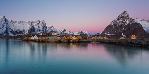 Sunset charm on idyllic Lofoten village in winter