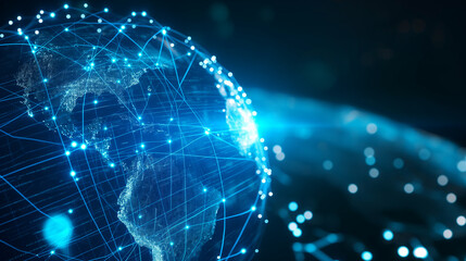 Obraz premium Virtual reality simulations featuring a blue hologram globe with glowing data streams, showcasing AI global networks and geospatial data.