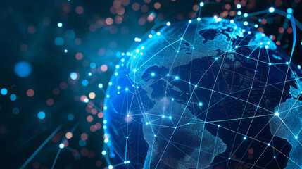 Obraz premium AI global communication networks illustrated on a blue hologram globe with geospatial data visualization and glowing data streams.