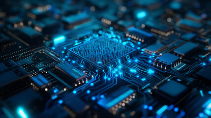 A blue hologram of a microchip with glowing data streams, symbolizing AI processing and VR simulation.