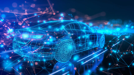 Blue hologram of a car with glowing data streams, symbolizing AI in autonomous vehicles and VR driving simulations.