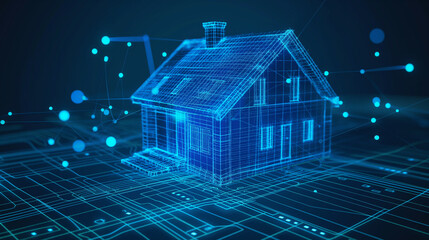 Blue hologram of a house with glowing data streams, illustrating AI in smart home technology and VR home design.