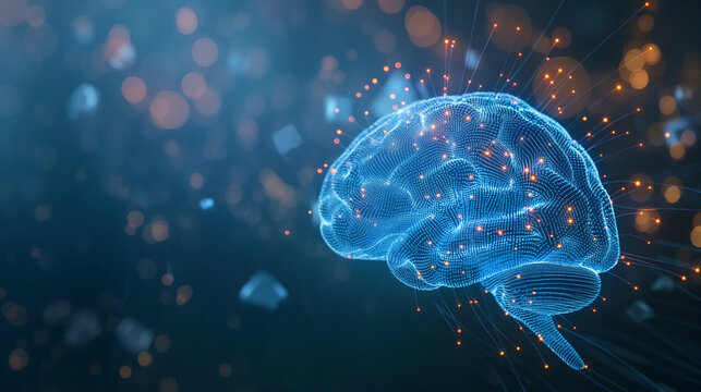 A blue hologram of a brain with neural pathways highlighted by glowing data streams, symbolizing AI cognition and VR environments.