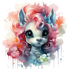 Watercolor Enchanted Kawaii Unicorn Foal with Floral Accents, clipart Illustration, Generative Ai