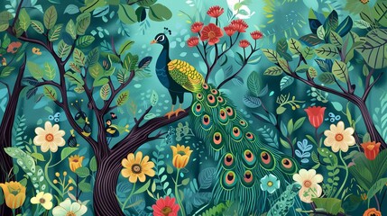 Illustration pattern of a Mughal forest garden featuring peacocks parrots plants and botanical trees
