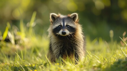 Obraz premium Raccoon dog standing on a grassy field