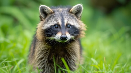 Fototapeta premium Raccoon dog standing on a grassy field