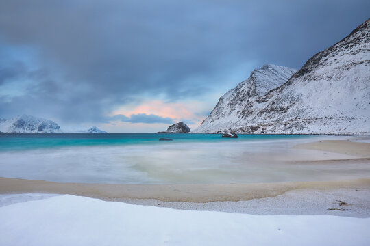 Winter twilight at Haukland Beach, Lofoten Islands