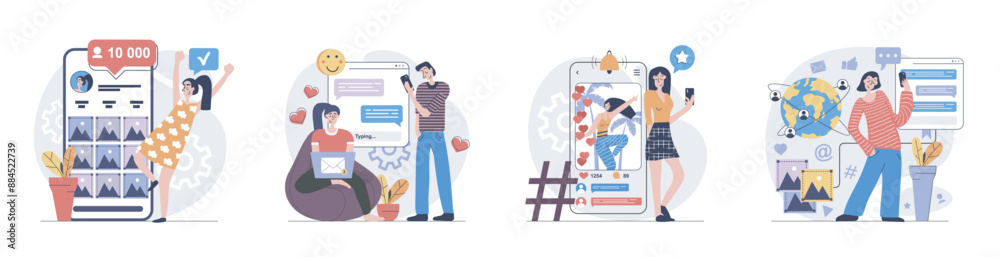 Leinwandbilder Social network concept with people scenes set in flat web design. Collection of character situation with users connecting online with friends, posting and likes photos, chats. Vector illustrations.