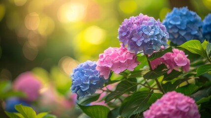 Fototapeta premium Blooming hydrangea flowers in a garden, with clusters of vibrant blue
