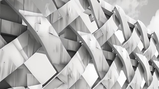 A fence constructed of interlocking geometric patterns in shades of grey black and white.