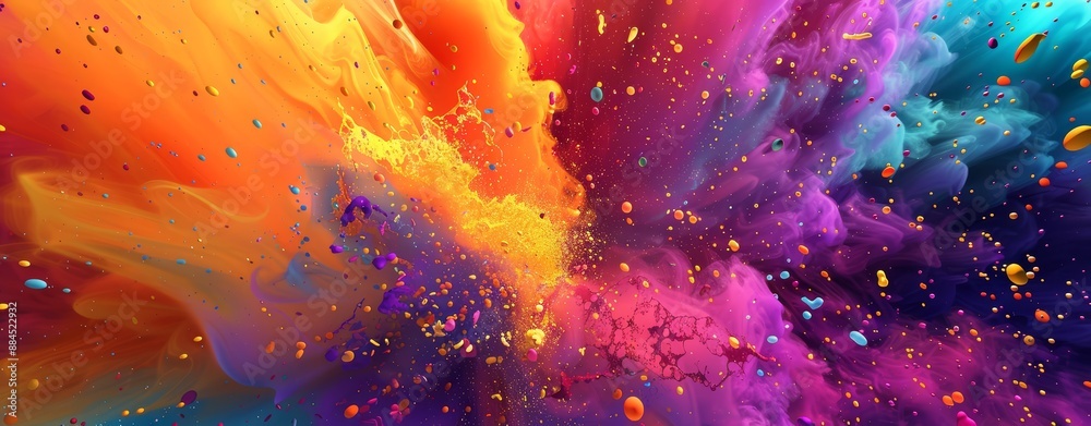 Wall mural Explosion of multicolored holi powder. Splash of bright colorful paint. Abstract pattern of colored dust burst. Colorful art background.