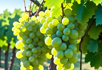 Clusters of green grapes hanging on a vine with leaves, in a sunny vineyard