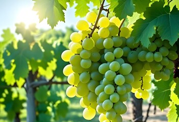 Clusters of green grapes hanging on a vine with leaves, in a sunny vineyard