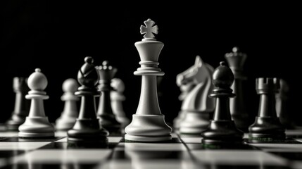 Black and white chess pieces arranged on a chessboard