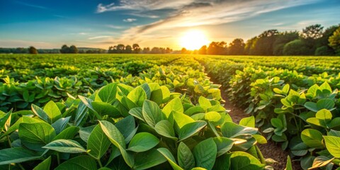 Soybean Field at Sunset, Green Leaves, Sunlight, Agriculture, Farming, Soybean, Sunset