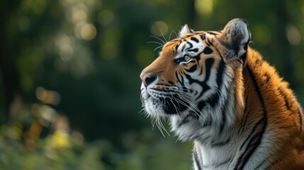 Fototapeta premium Striking profile shot of an tiger with its intense gaze and distinctive striped coat