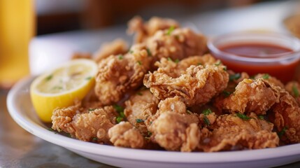 Plate of hot, crispy fried oysters served with a slice of lemon and dipping sauce