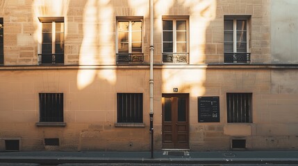 Part of multicolored building facade at sunset. Aerial view