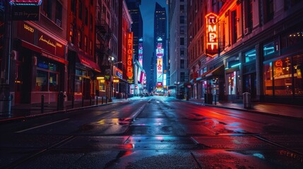 Empty city streets with glowing neon signs