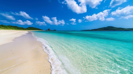 Pristine white sandy beach with crystal-clear turquoise waters