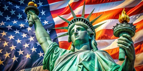 Statue of Liberty with American Flag,  Closeup , New York City , Liberty , America