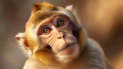 Close-up portrait of a rhesus macaque with an expressive and beautiful face