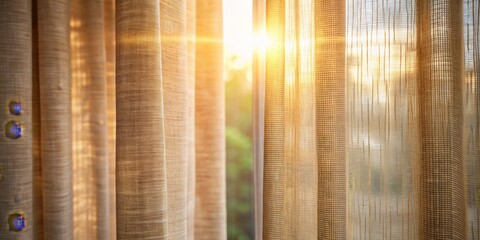Sunlight Filtering Through Sheer Curtains, Close Up, Beige and White, Sunlight, Window Treatment, Texture, Fabric