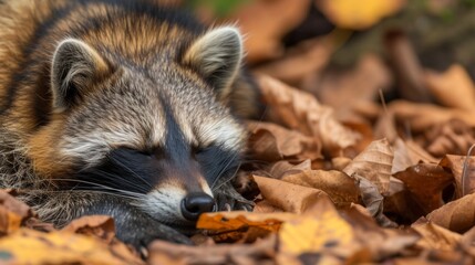 Raccoon dog sleeping comfortably on a bed of leaves in the forest