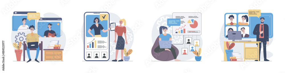 Leinwandbilder Video conference concept with people scenes set in flat web design. Collection of character situation with colleagues connecting online via zoom call from laptop or mobile app. Vector illustrations.