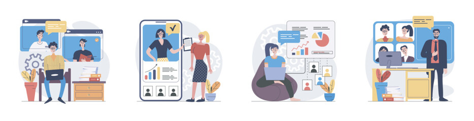 Video conference concept with people scenes set in flat web design. Collection of character situation with colleagues connecting online via zoom call from laptop or mobile app. Vector illustrations.