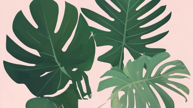 trendy summer green leaves monstera pattern background, colorful pastel colors leaves palm shape art video wallpaper. Summer colors botanical tropical leaves, sun light and shadows