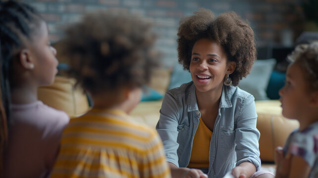 A teacher guiding children in a role-playing activity to understand feelings, insightful and caring, left third copy space