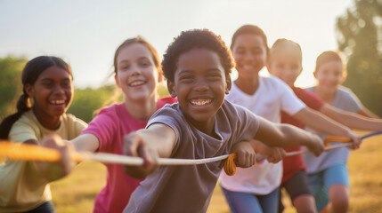 Kids participating in a team-building game outside, energetic and collaborative, bottom third copy space