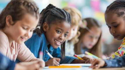 A diverse group of children working together on a classroom project, inclusive and respectful, upper third copy space