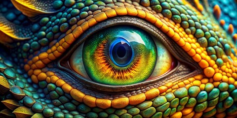 Obraz premium The Dragon's Gaze A Close-Up of a Reptilian Eye, Scales, Green, Blue, Yellow, Dragon
