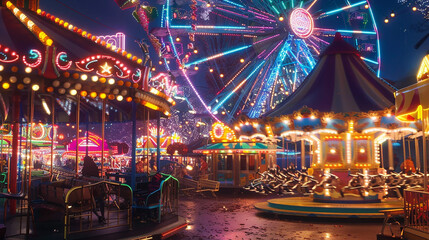 A colorful carnival with rides, games, and happy people enjoying the festive atmosphere.