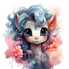 Watercolor Enchanted Kawaii Unicorn Foal with Floral Accents, clipart Illustration, Generative Ai