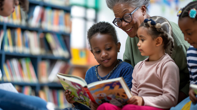 Older students reading to younger children, nurturing and educational, right third copy space