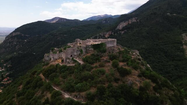 Aerial video over Greece. Peloponnese. Sparta. Mysters Castle.