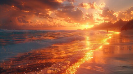 Spectacular Sunset Over Tranquil Beach with Dramatic Clouds and Golden Light Reflected on Gentle Waves Along Distant Mountain Rangesunset