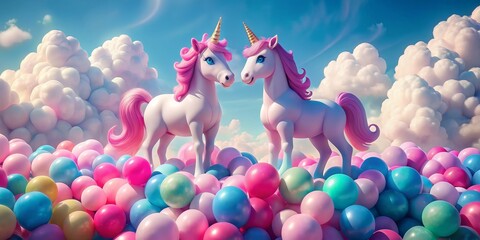 Naklejka premium Two Unicorns on a Cloud of Balloons, Digital Art, 3D Render, Unicorn, Clouds, Balloons, Fantasy