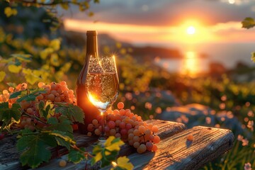 Scenic Vineyard Sunset with Wine Bottle, Glass and Grapes on Rustic Wooden Table Overlooking Serene Oceanvineyard