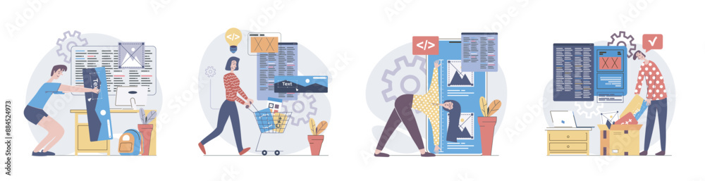 Aufkleber Web development concept with people scenes set in flat design. Collection of character situation with developers creating and programming wireframe app interfaces with content. Vector illustrations.