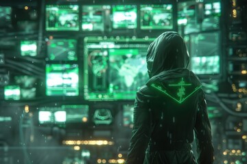 Digital espionage expert in a dark room with a multitude of holographic green screens displaying data and world maps, wearing a high-tech encrypted jacket