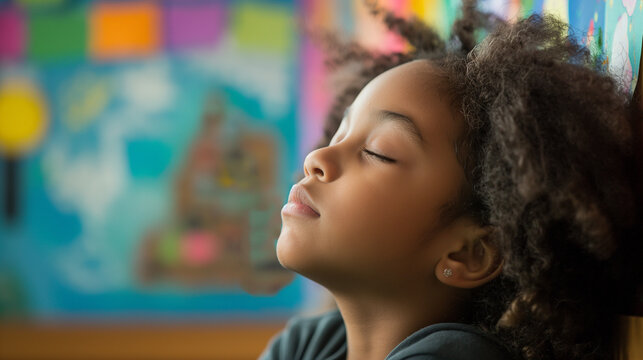 A child calming down in a classroom peace corner, serene and reflective, left third copy space