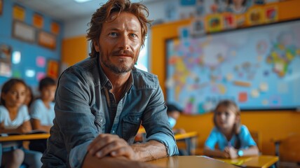 Obraz premium Male teacher in casual denim shirt sitting at a desk in a colorful classroom, engaging with a diverse group of attentive students during a learning activityTeacher