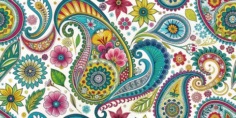 Fototapeta premium Whimsical Floral Paisley Pattern, Digital Art, Colorful Flowers, Abstract Design, Paisley, Pattern, Flowers